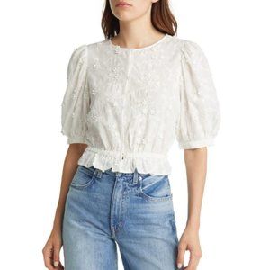 & Other Stories White Embellished Puff Sleeve Cotton Crop Blouse - Size 2